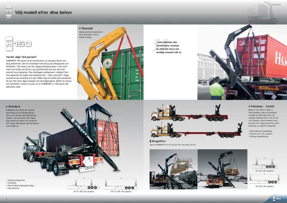 150-serien har den högsta lyftkapaciteten i vårt sortiment och börjar på 36 ton i grundutförande och kan fås med hela 42 tons kapacitet. Den kraftigaste sidlastaren i världen!