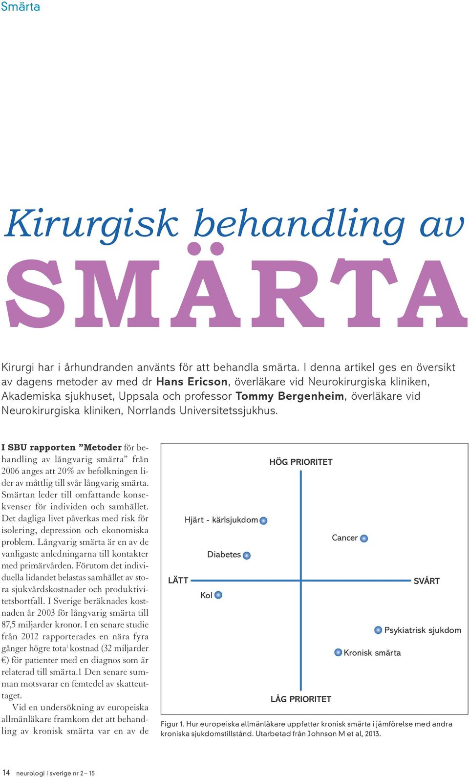 Neurokirurgiska kliniken, Norrlands Universitetssjukhus. I SBU rapporten Metoder för behandling av långvarig smärta från 2006 anges att 20% av befolkningen lider av måttlig till svår långvarig smärta.