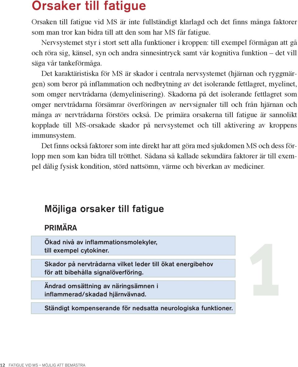 Det karaktäristiska för MS är skador i centrala nervsystemet (hjärnan och ryggmärgen) som beror på inflammation och nedbrytning av det isolerande fettlagret, myelinet, som omger nervtrådarna