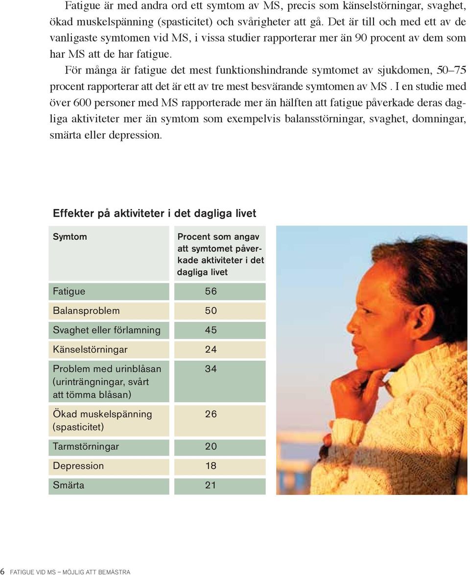 För många är fatigue det mest funktionshindrande symtomet av sjukdomen, 50 75 procent rapporterar att det är ett av tre mest besvärande symtomen av MS.