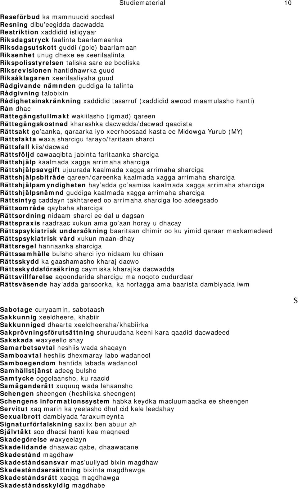 Rådighetsinskränkning xaddidid tasarruf (xaddidid awood maamulasho hanti) Rån dhac Rättegångsfullmakt wakiilasho (igmad) qareen Rättegångskostnad kharashka dacwadda/dacwad qaadista Rättsakt go aanka,