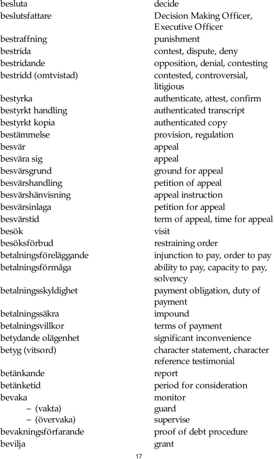 besvära sig appeal besvärsgrund ground for appeal besvärshandling petition of appeal besvärshänvisning appeal instruction besvärsinlaga petition for appeal besvärstid term of appeal, time for appeal