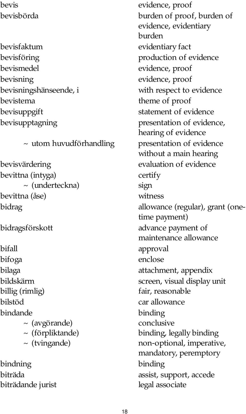 bevisningshänseende, i bevistema bevisuppgift bevisupptagning bevisvärdering evaluation of evidence bevittna (intyga) certify ~ (underteckna) sign bevittna (åse) witness bidrag allowance (regular),