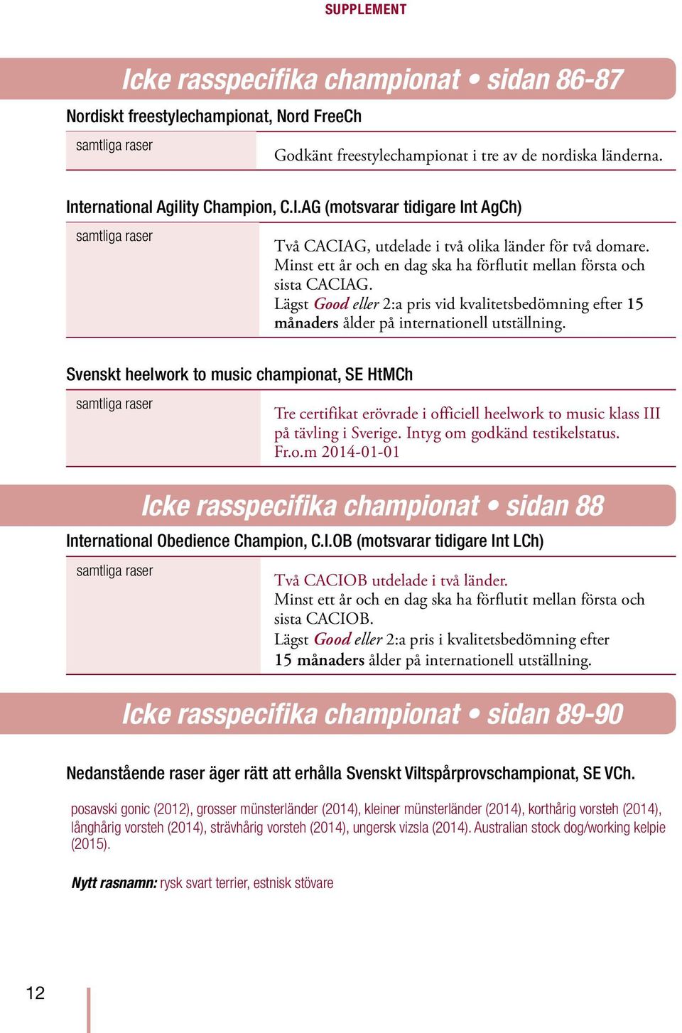 Minst ett år och en dag ska ha förflutit mellan första och sista CACIAG. Lägst Good eller 2:a pris vid kvalitetsbedömning efter 15 månaders ålder på internationell utställning.