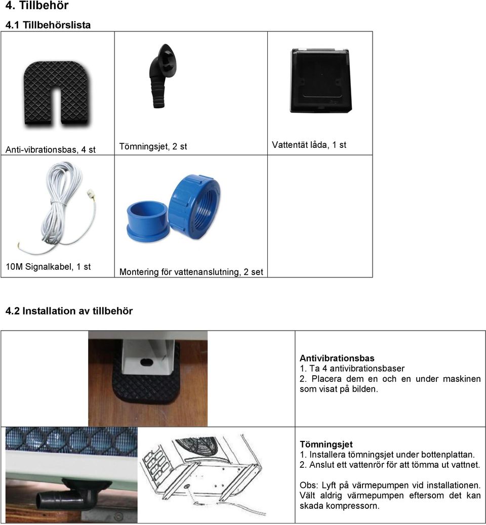 vattenanslutning, 2 set 4.2 Installation av tillbehör Antivibrationsbas 1. Ta 4 antivibrationsbaser 2.