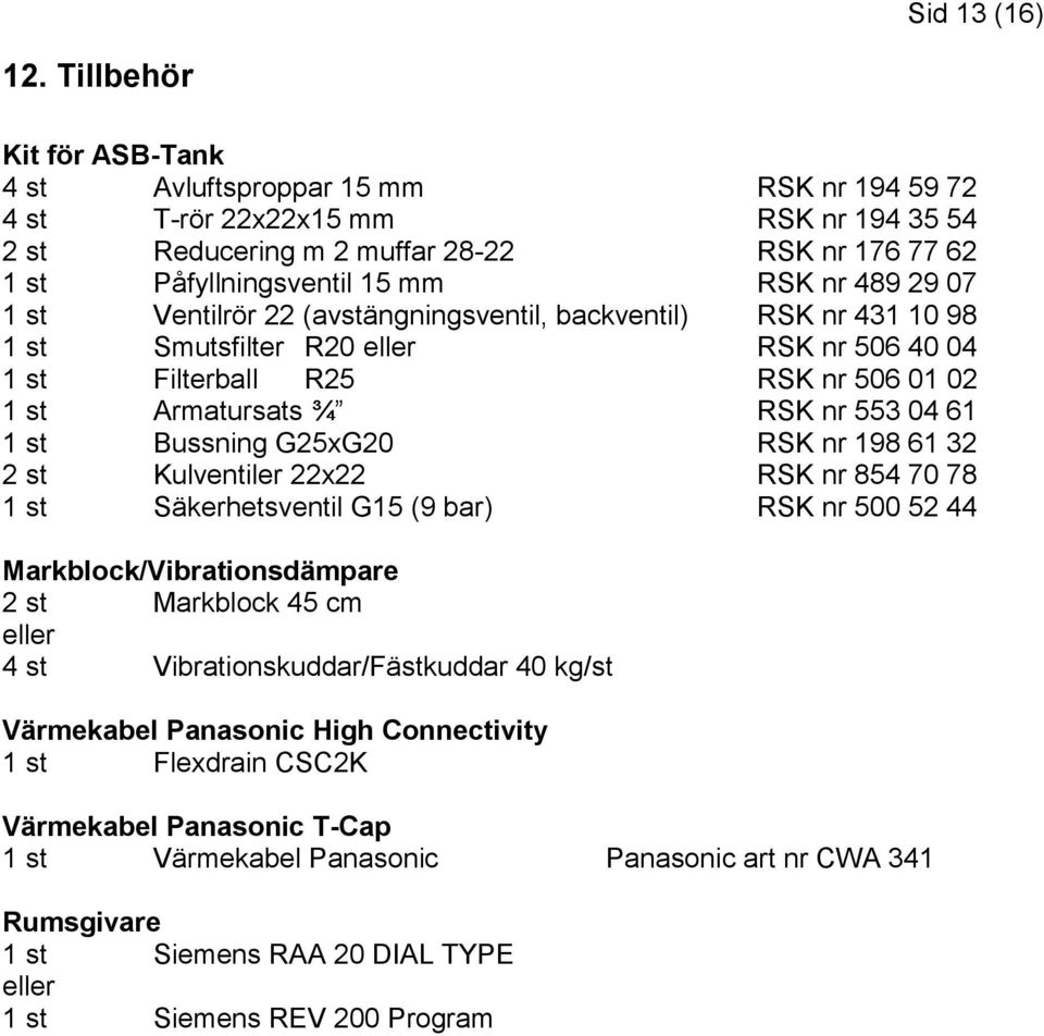 29 07 1 st Ventilrör 22 (avstängningsventil, backventil) RSK nr 431 10 98 1 st Smutsfilter R20 eller RSK nr 506 40 04 1 st Filterball R25 RSK nr 506 01 02 1 st Armatursats ¾ RSK nr 553 04 61 1 st