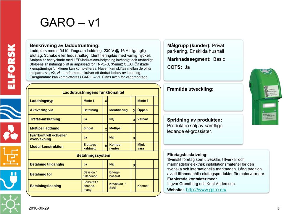 Önskade klenspänningsfunktioner kan kompletteras, Huven kan skiftas mellan de olika stolparna v1, v2, v3, om framtiden kräver ett ändrat behov av laddning, Energimätare kan kompletteras i GARO v1.