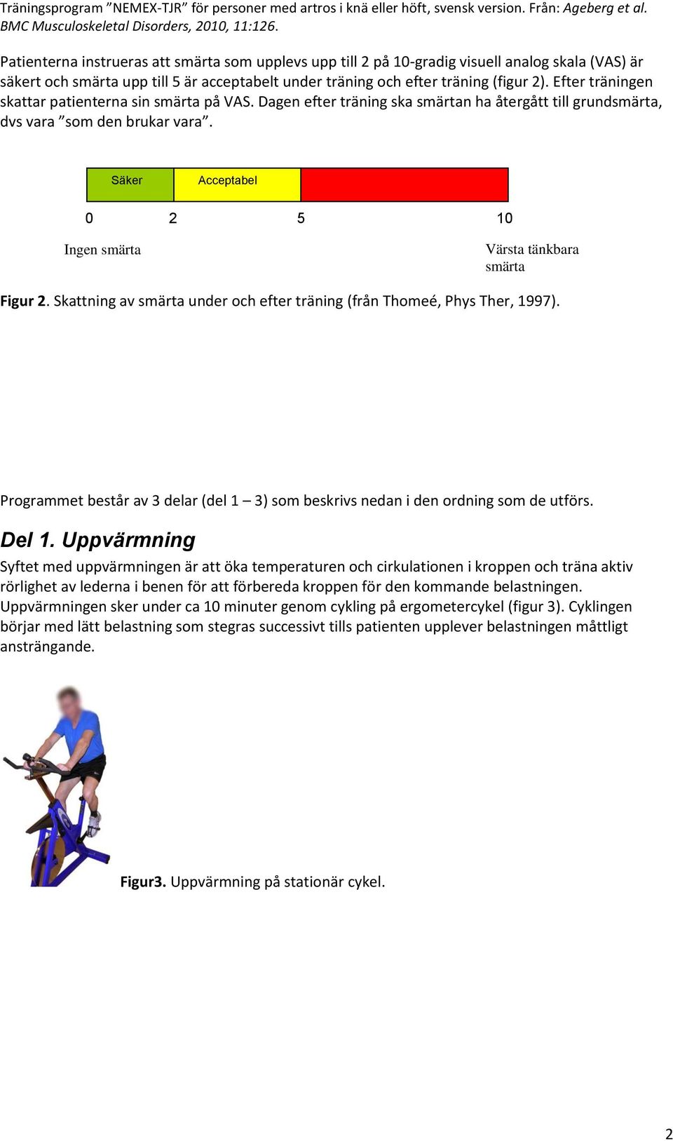 Säker Acceptabel 0 Ingen smärta 2 5 10 Värsta tänkbara smärta Figur 2. Skattning av smärta under och efter träning (från Thomeé, Phys Ther, 1997).