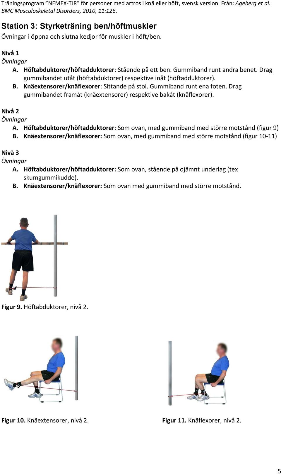 Drag gummibandet framåt (knäextensorer) respektive bakåt (knäflexorer). Nivå 2 A. Höftabduktorer/höftadduktorer: Som ovan, med gummiband med större motstånd (figur 9) B.