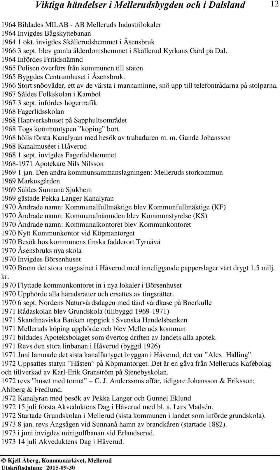 1966 Stort snöoväder, ett av de värsta i mannaminne, snö upp till telefontrådarna på stolparna. 1967 Såldes Folkskolan i Kambol 1967 3 sept.