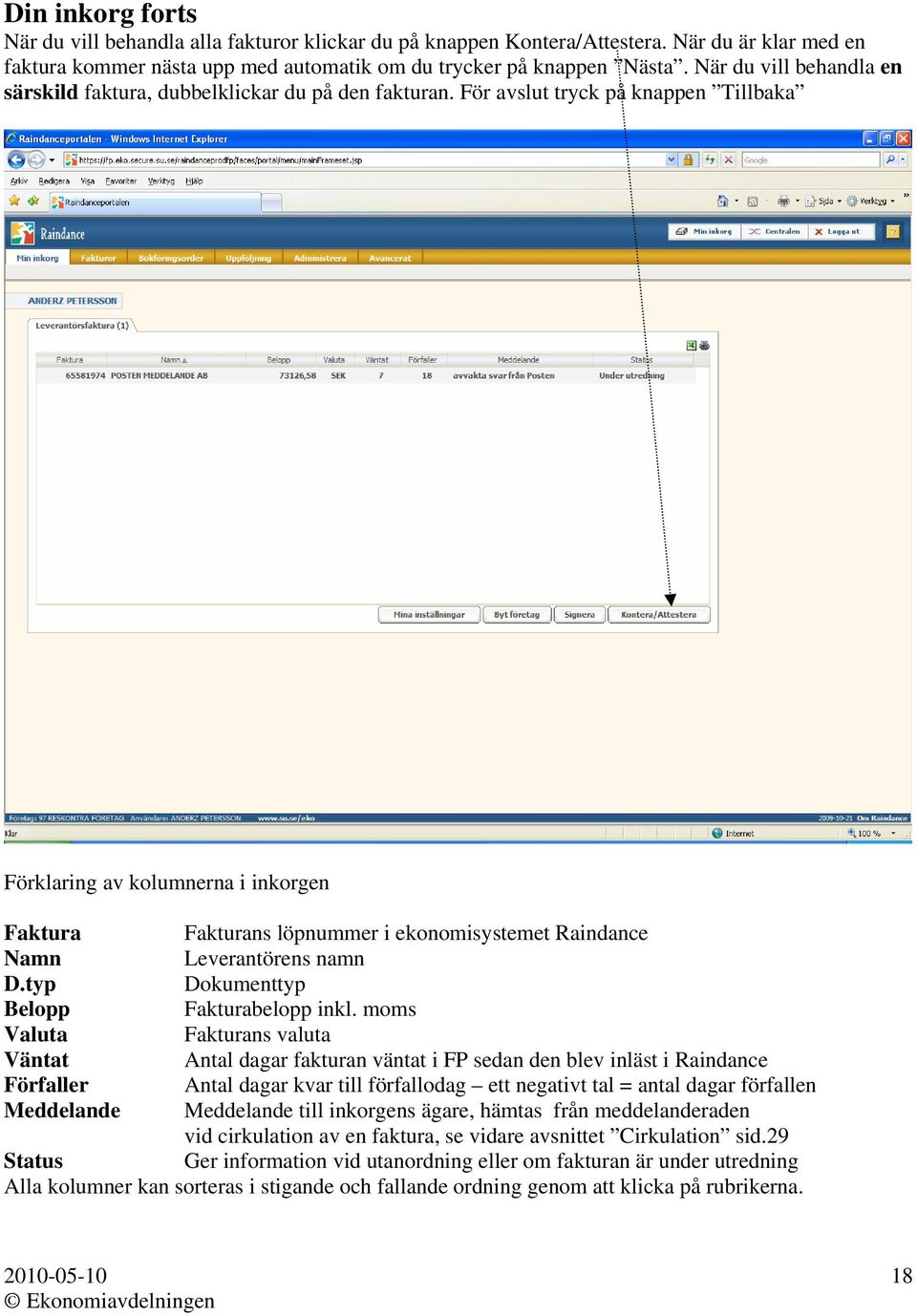 För avslut tryck på knappen Tillbaka Förklaring av kolumnerna i inkorgen Faktura Fakturans löpnummer i ekonomisystemet Raindance Namn Leverantörens namn D.typ Dokumenttyp Belopp Fakturabelopp inkl.