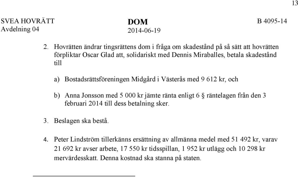 skadestånd till a) Bostadsrättsföreningen Midgård i Västerås med 9 612 kr, och b) Anna Jonsson med 5 000 kr jämte ränta enligt 6 räntelagen från den 3