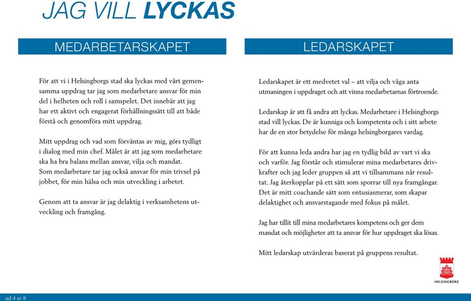 Målet är att jag som medarbetare ska ha bra balans mellan ansvar, vilja och mandat. Som medarbetare tar jag också ansvar för min trivsel på jobbet, för min hälsa och min utveckling i arbetet.