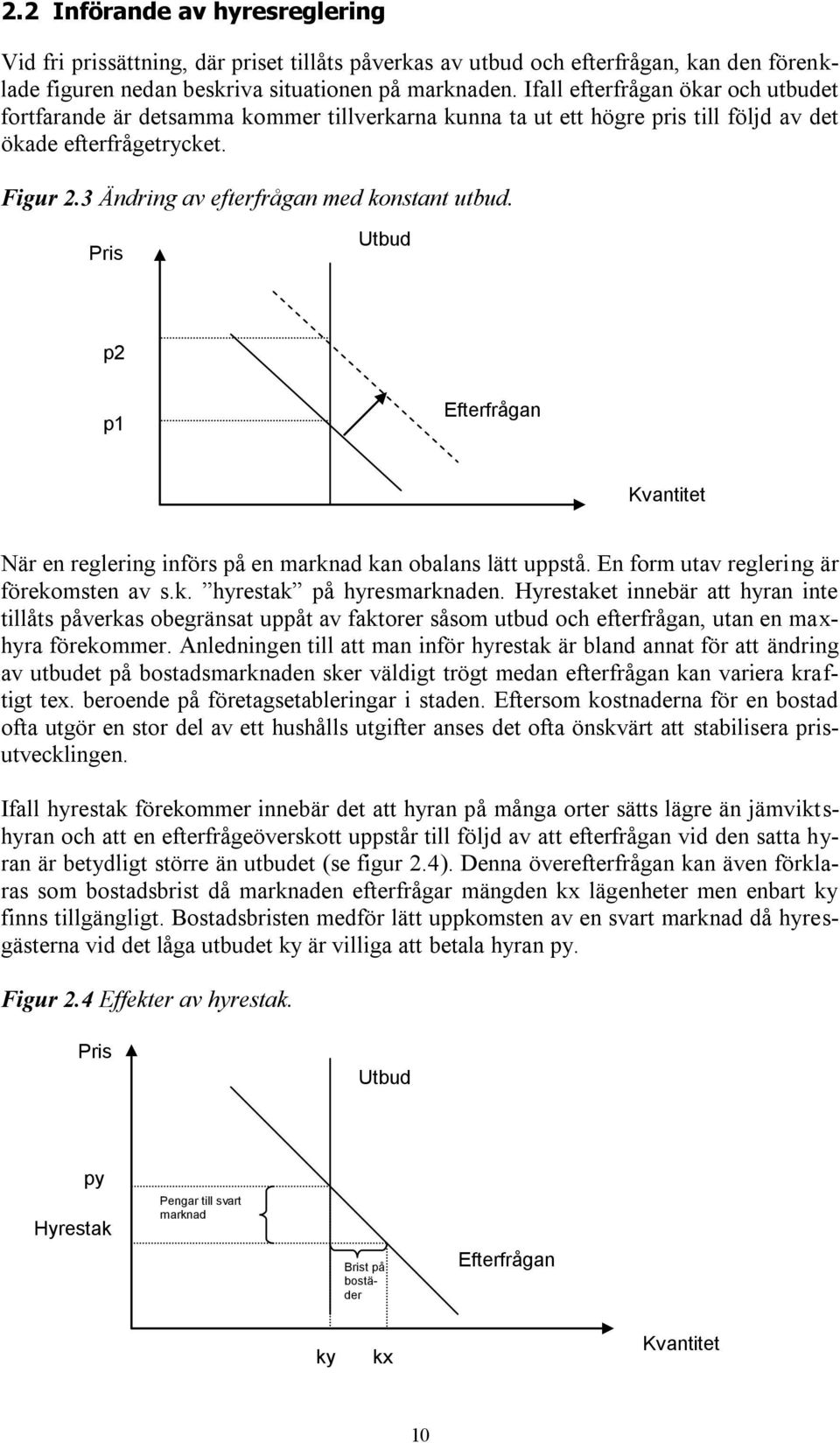 3 Ändring av efterfrågan med konstant utbud. Pris Utbud p2 p1 Efterfrågan Kvantitet När en reglering införs på en marknad kan obalans lätt uppstå. En form utav reglering är förekomsten av s.k. hyrestak på hyresmarknaden.