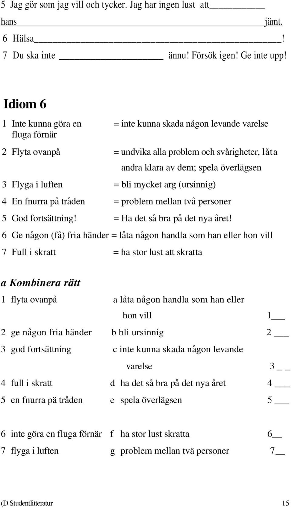 bli mycket arg (ursinnig) 4 En fnurra på tråden = problem mellan två personer 5 God fortsättning! = Ha det så bra på det nya året!