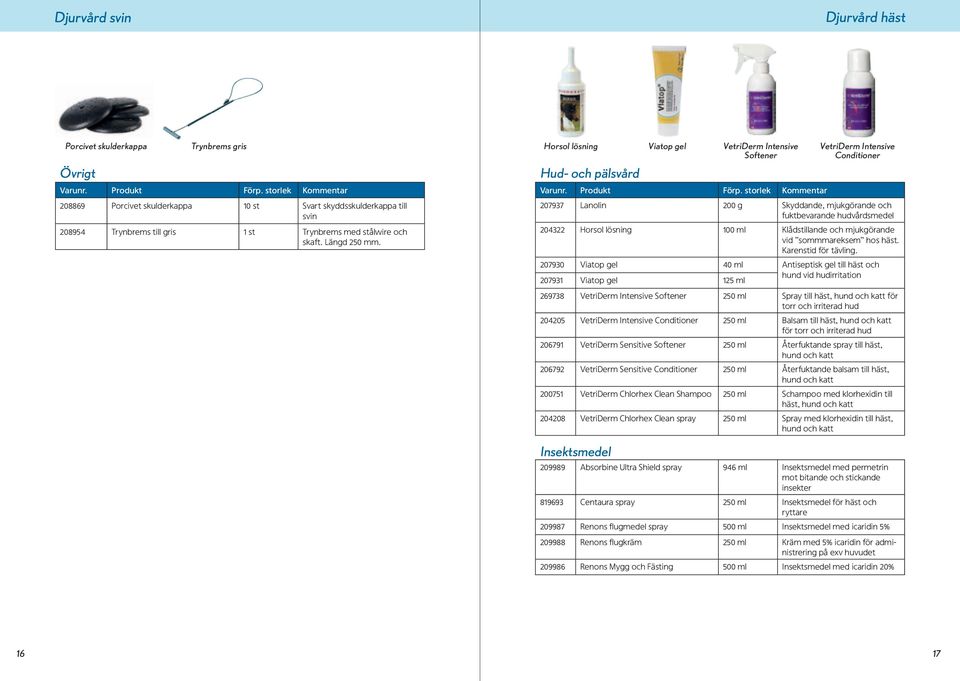 Horsol lösning Hud- och pälsvård Viatop gel VetriDerm Intensive Softener VetriDerm Intensive Conditioner 207937 Lanolin 200 g Skyddande, mjukgörande och fuktbevarande hudvårdsmedel 204322 Horsol