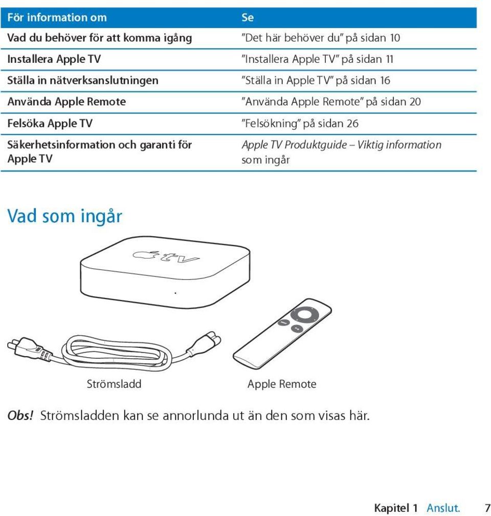 Felsöka Apple TV Felsökning på sidan 26 Säkerhetsinformation och garanti för Apple TV Se Apple TV Produktguide Viktig