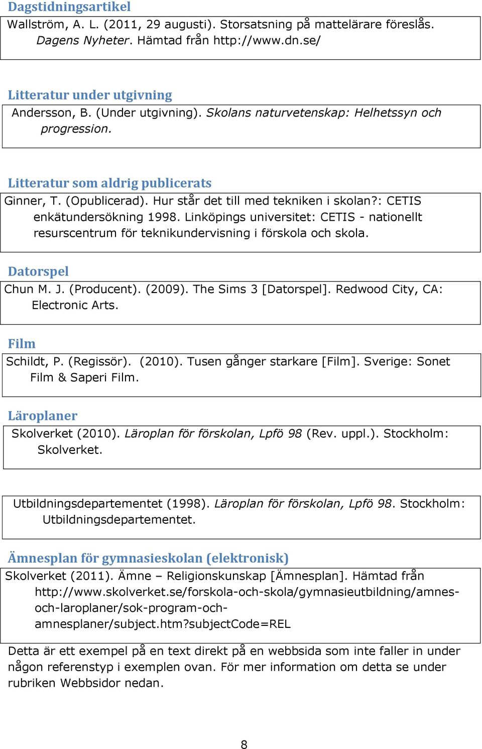 Linköpings universitet: CETIS - nationellt resurscentrum för teknikundervisning i förskola och skola. Datorspel Chun M. J. (Producent). (2009). The Sims 3 [Datorspel].