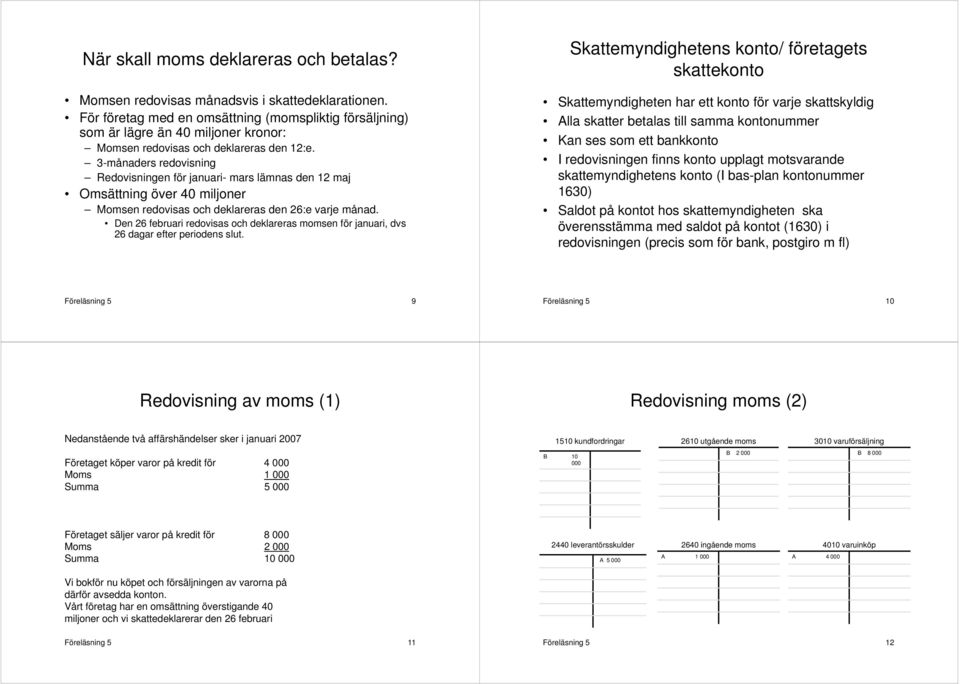 3-månaders redovisning Redovisningen för januari- mars lämnas den 12 maj Omsättning över 40 miljoner Momsen redovisas och deklareras den 26:e varje månad.