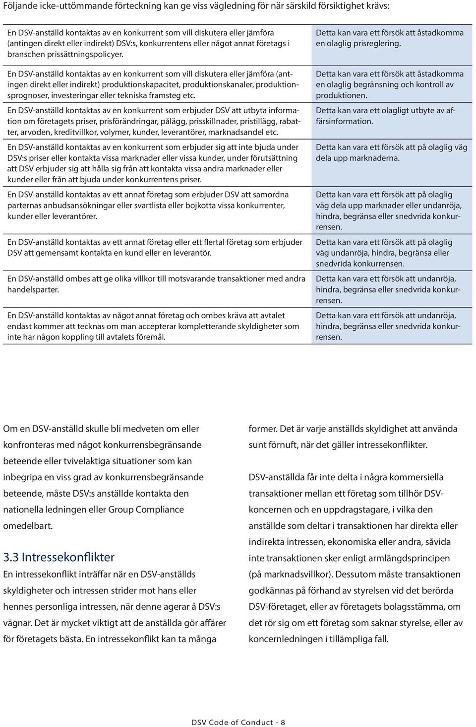 En DSV-anställd kontaktas av en konkurrent som vill diskutera eller jämföra (antingen direkt eller indirekt) produktionskapacitet, produktionskanaler, produktionsprognoser, investeringar eller