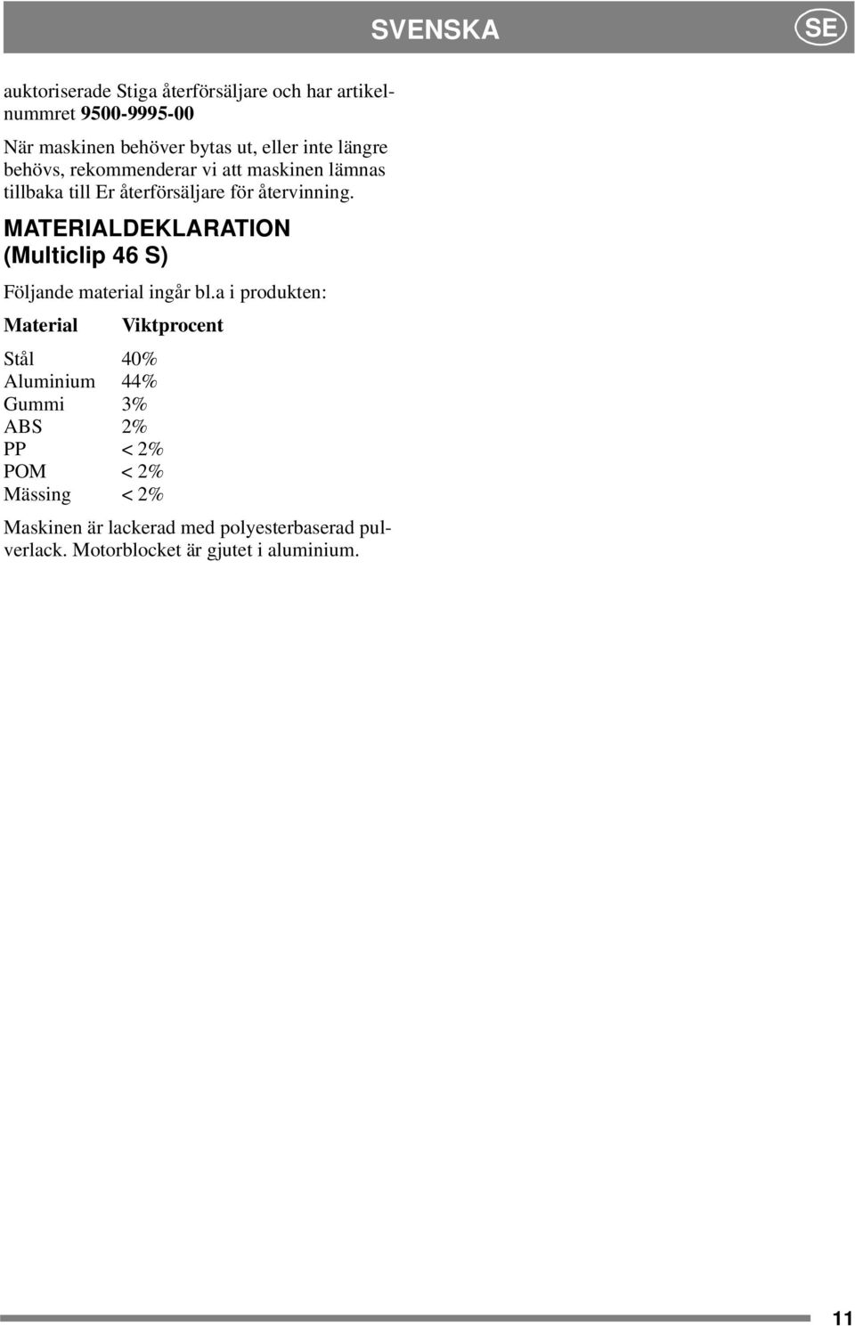 MATERIALDEKLARATION (Multiclip 46 S) Följande material ingår bl.