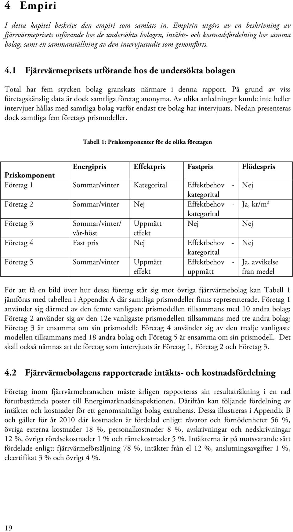 genomförts. 4.1 Fjärrvärmeprisets utförande hos de undersökta bolagen Total har fem stycken bolag granskats närmare i denna rapport.