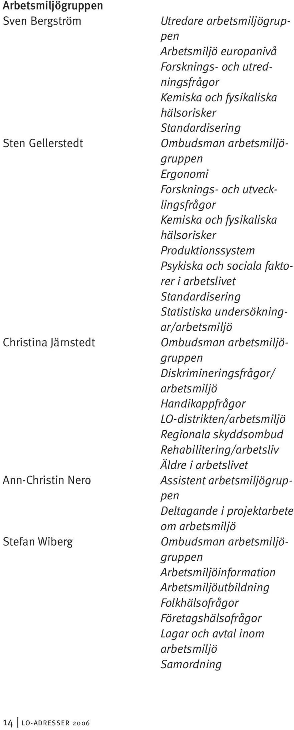 arbetslivet Standardisering Statistiska undersökningar/arbetsmiljö Ombudsman arbetsmiljögruppen Diskrimineringsfrågor/ arbetsmiljö Handikappfrågor LO-distrikten/arbetsmiljö Regionala skyddsombud