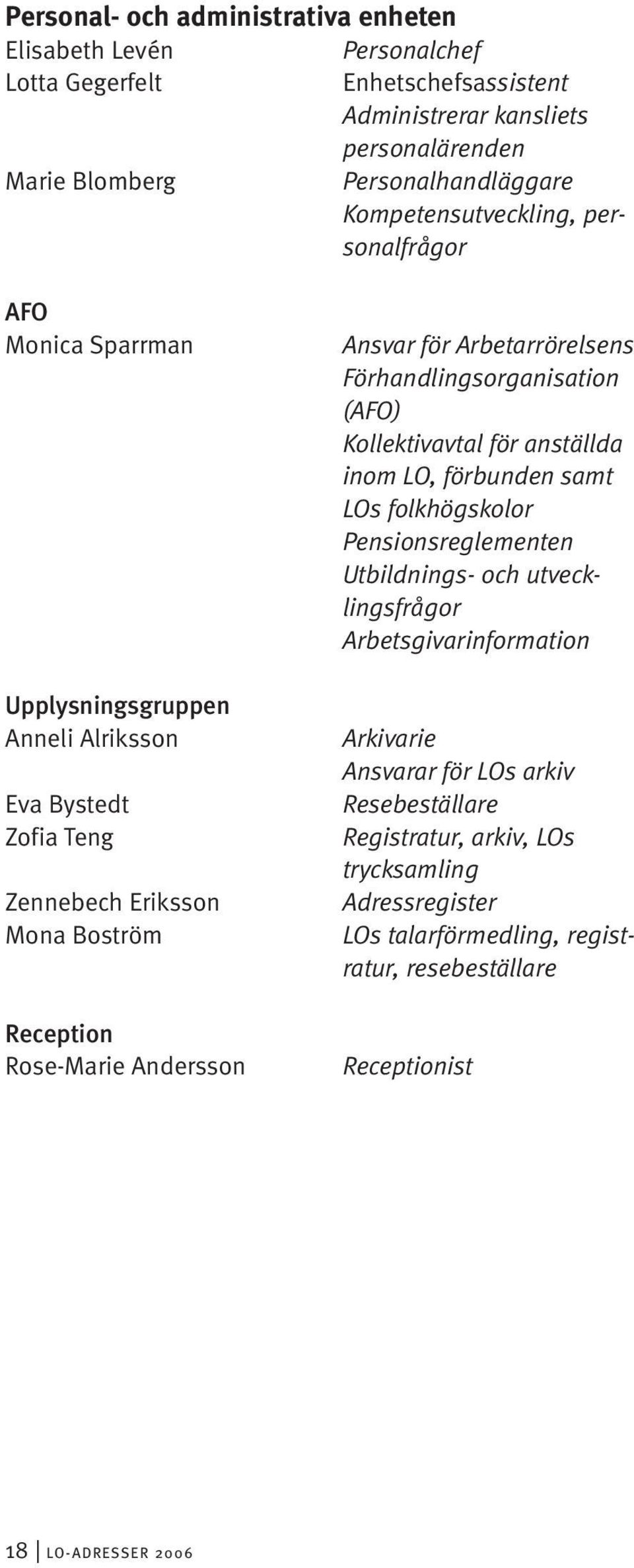 för Arbetarrörelsens Förhandlingsorganisation (AFO) Kollektivavtal för anställda inom LO, förbunden samt LOs folkhögskolor Pensionsreglementen Utbildnings- och utvecklingsfrågor