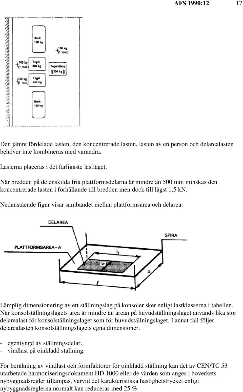 Nedanstående figur visar sambandet mellan plattformsarea och delarea: Lämplig dimensionering av ett ställningslag på konsoler sker enligt lastklasserna i tabellen.