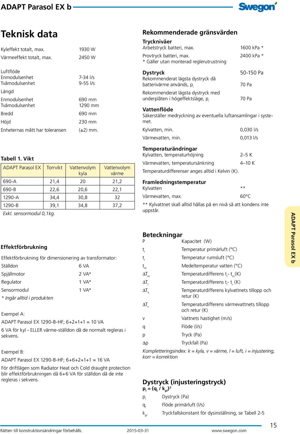 Rekommenderade gränsvärden Trycknivåer Arbetstryck batteri, max. 1600 kpa * Provtryck batteri, max.