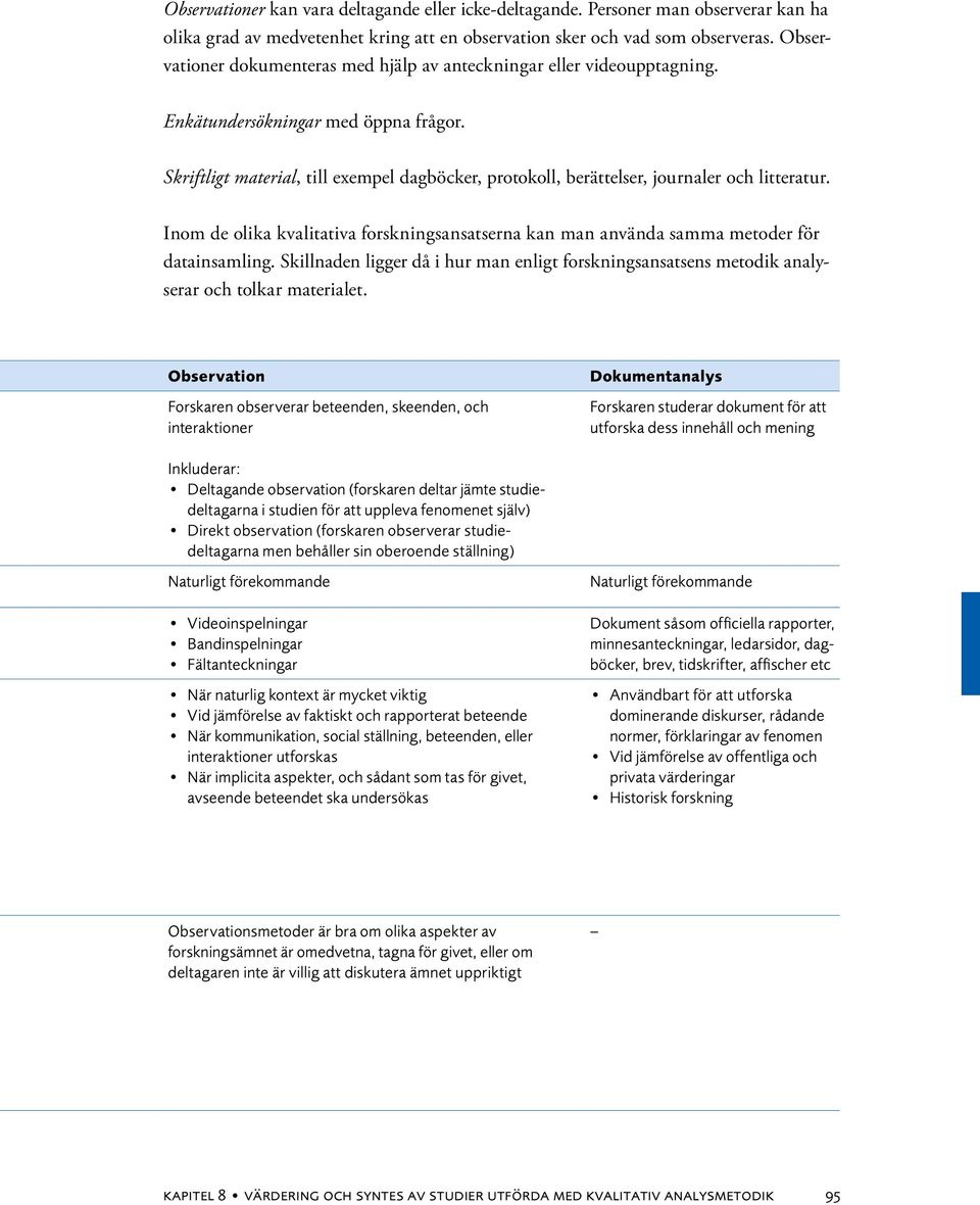 Skriftligt material, till exempel dagböcker, protokoll, berättelser, journaler och litteratur. Inom de olika kvalitativa forskningsansatserna kan man använda samma metoder för datainsamling.