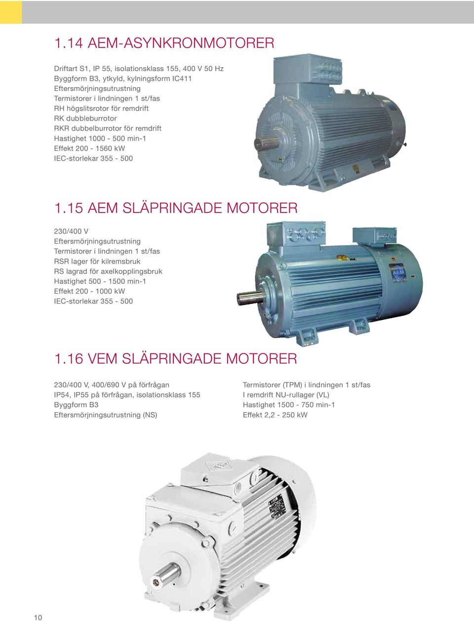 15 AEM SLÄPRINGADE MOTORER 230/400 V Eftersmörjningsutrustning Termistorer i lindningen 1 st/fas RSR lager för kilremsbruk RS lagrad för axelkopplingsbruk Hastighet 500-1500 min-1 Effekt 200-1000 kw