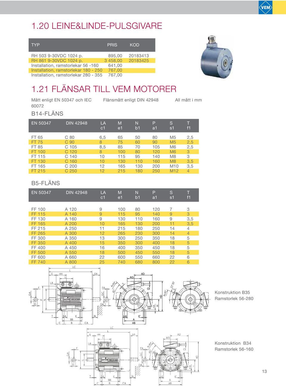 21 FLÄNSAR TILL VEM MOTORER Mått enligt EN 50347 och IEC 60072 B14-FLÄNS Flänsmått enligt DIN 42948 All mått i mm EN 50347 DIN 42948 LA M N P S T c1 e1 b1 a1 s1 f1 FT 65 C 80 6,5 65 50 80 M5 2,5 FT