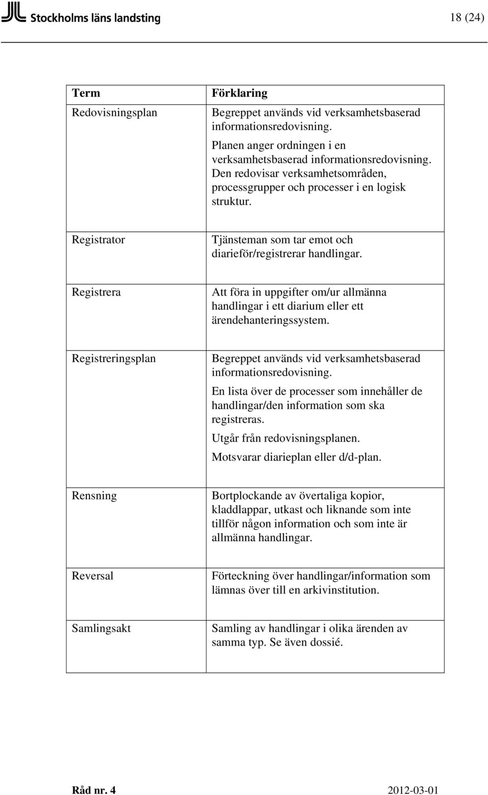 Registrera Att föra in uppgifter om/ur allmänna handlingar i ett diarium eller ett ärendehanteringssystem. Registreringsplan Begreppet används vid verksamhetsbaserad informationsredovisning.