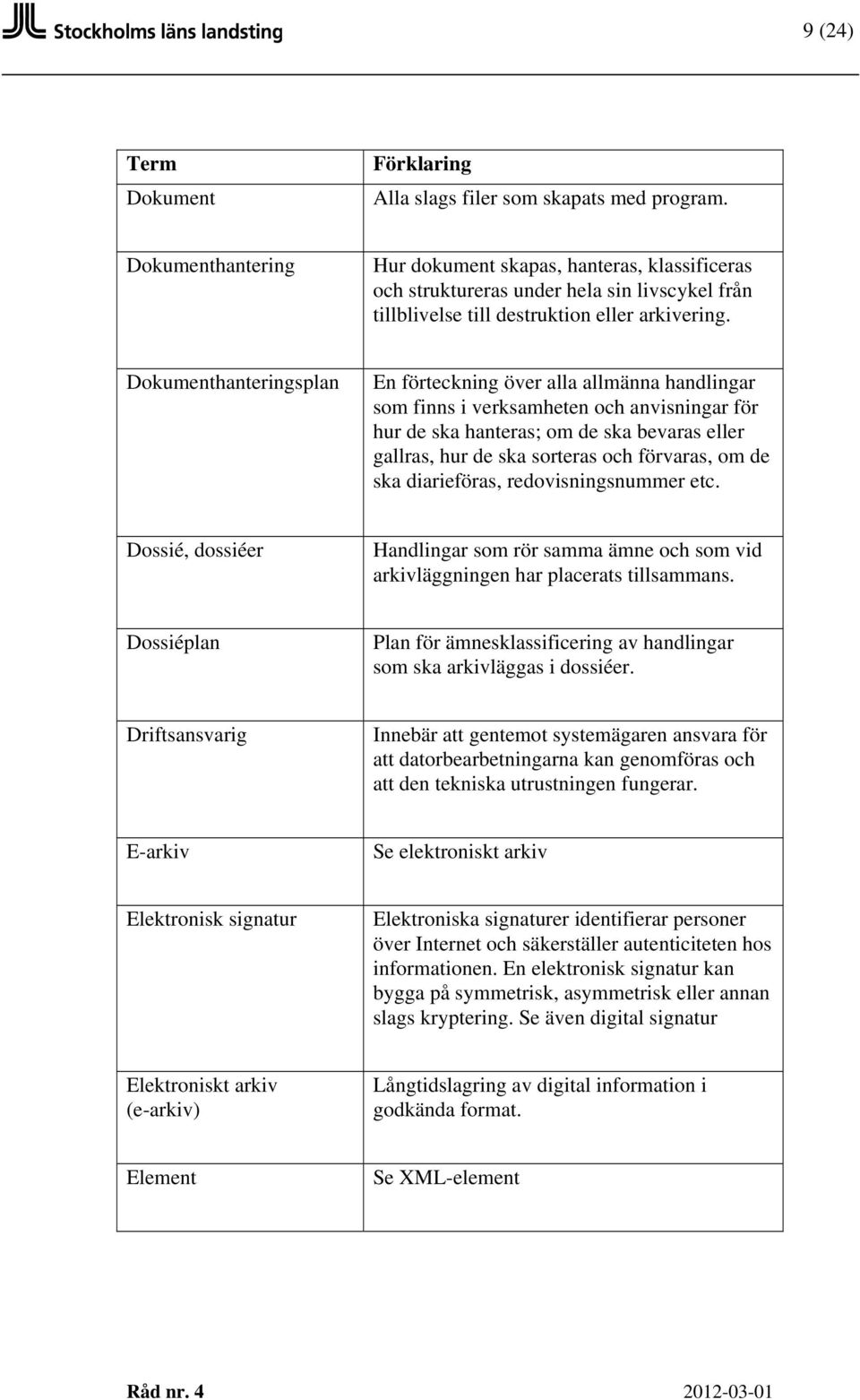 Dokumenthanteringsplan En förteckning över alla allmänna handlingar som finns i verksamheten och anvisningar för hur de ska hanteras; om de ska bevaras eller gallras, hur de ska sorteras och