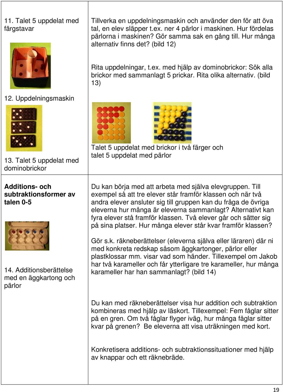 (bild 13) 12. Uppdelningsmaskin 13. Talet 5 uppdelat med dominobrickor Additions- och subtraktionsformer av talen 0-5 14.