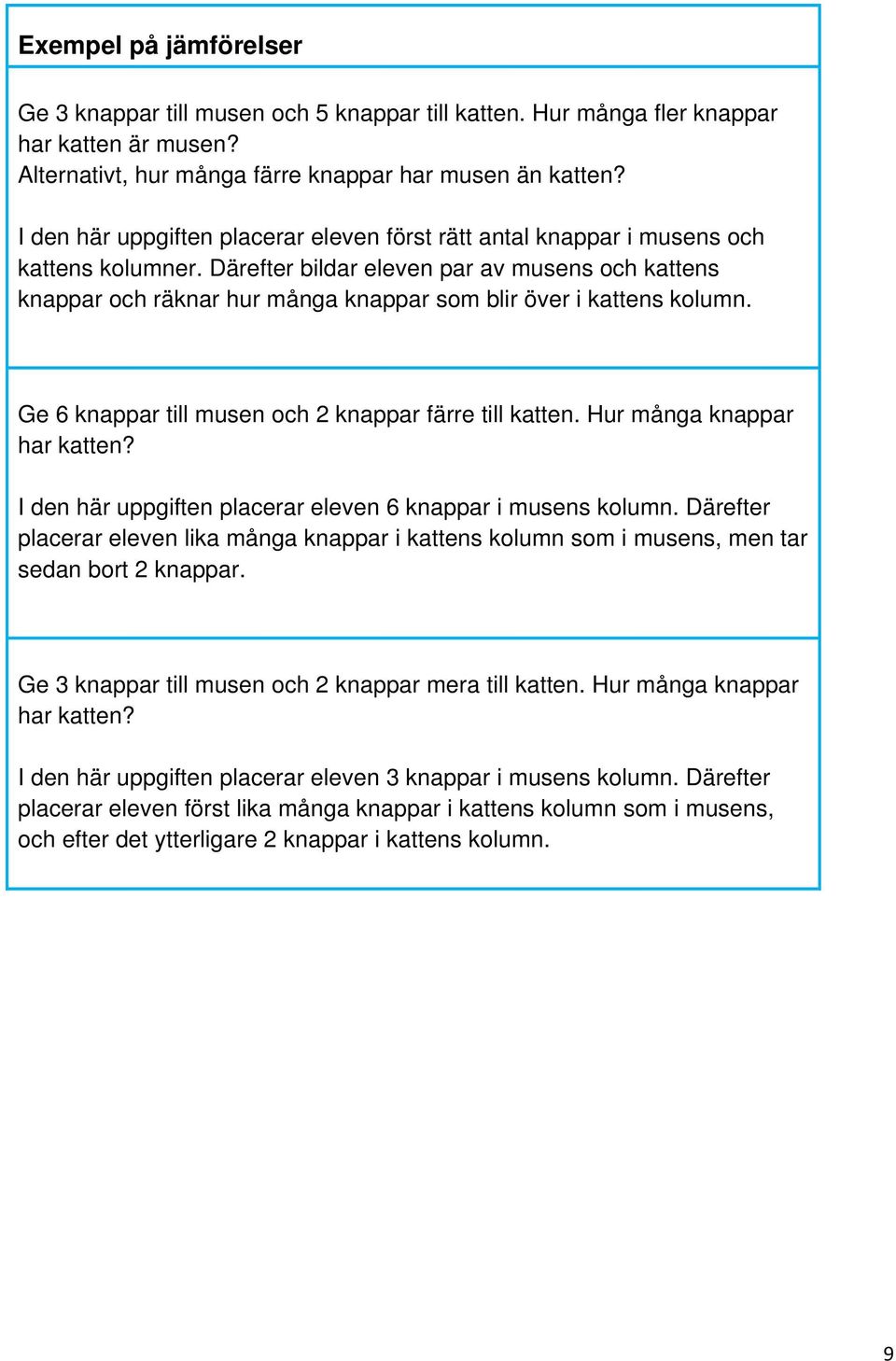 Därefter bildar eleven par av musens och kattens knappar och räknar hur många knappar som blir över i kattens kolumn. Ge 6 knappar till musen och 2 knappar färre till katten.