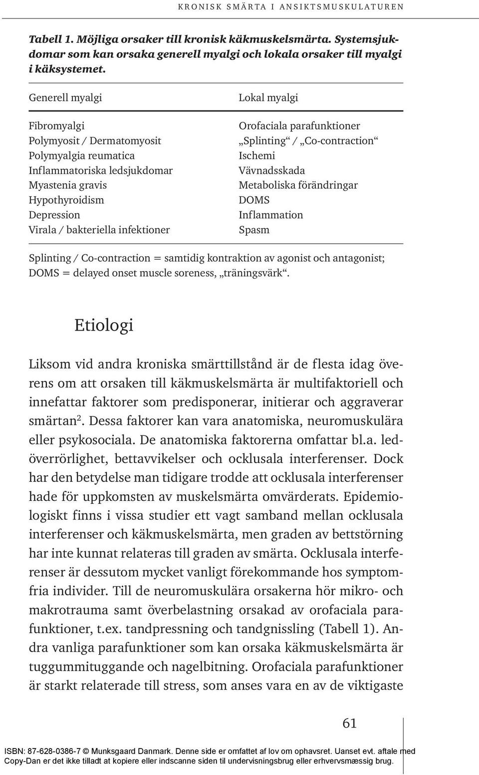 Orofaciala parafunktioner Splinting / Co-contraction Ischemi Vävnadsskada Metaboliska förändringar DOMS Inflammation Spasm Splinting / Co-contraction = samtidig kontraktion av agonist och antagonist;