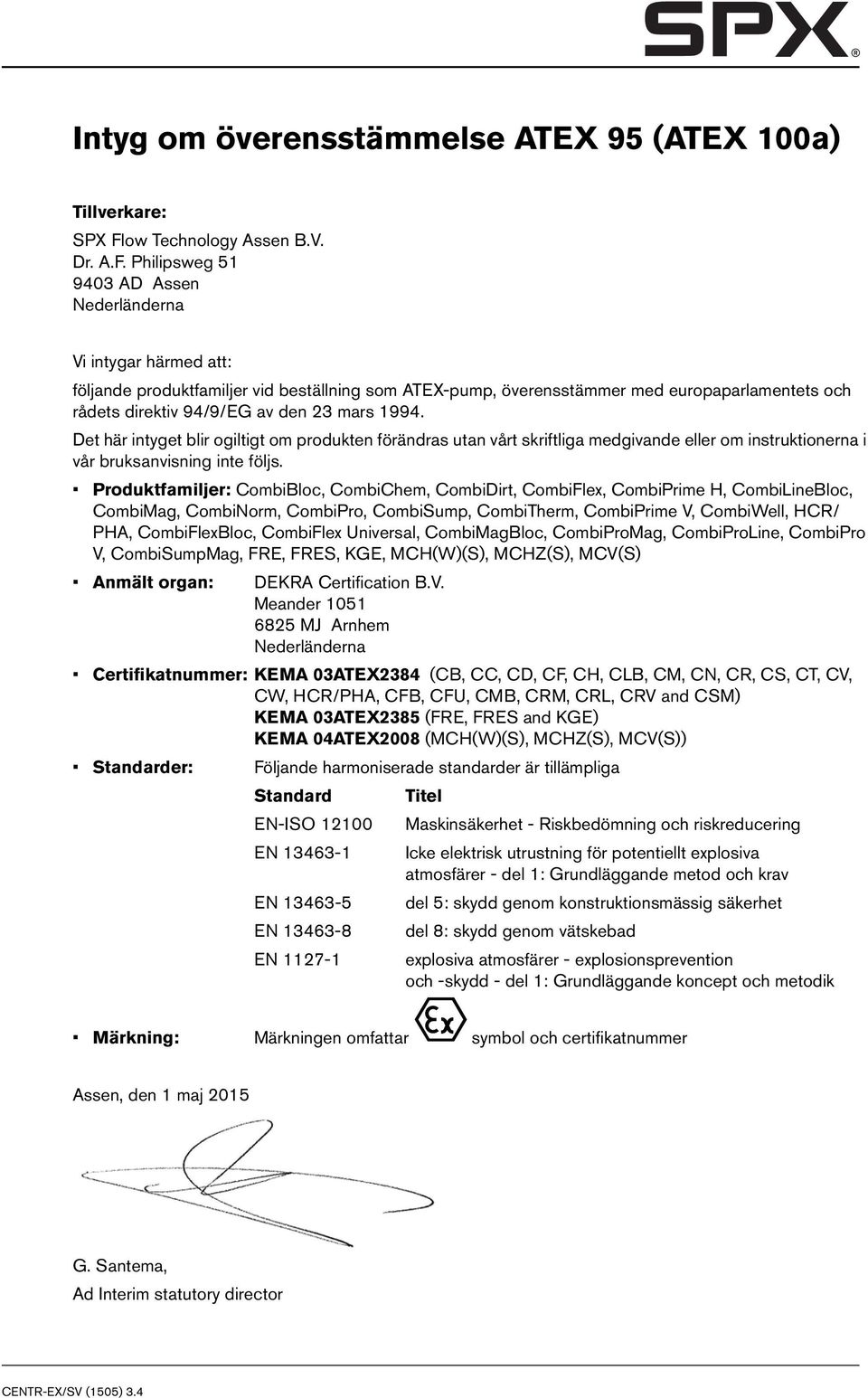 Philipsweg 51 9403 AD Assen Nederländerna Vi intygar härmed att: följande produktfamiljer vid beställning som ATEX-pump, överensstämmer med europaparlamentets och rådets direktiv 94/9/EG av den 23