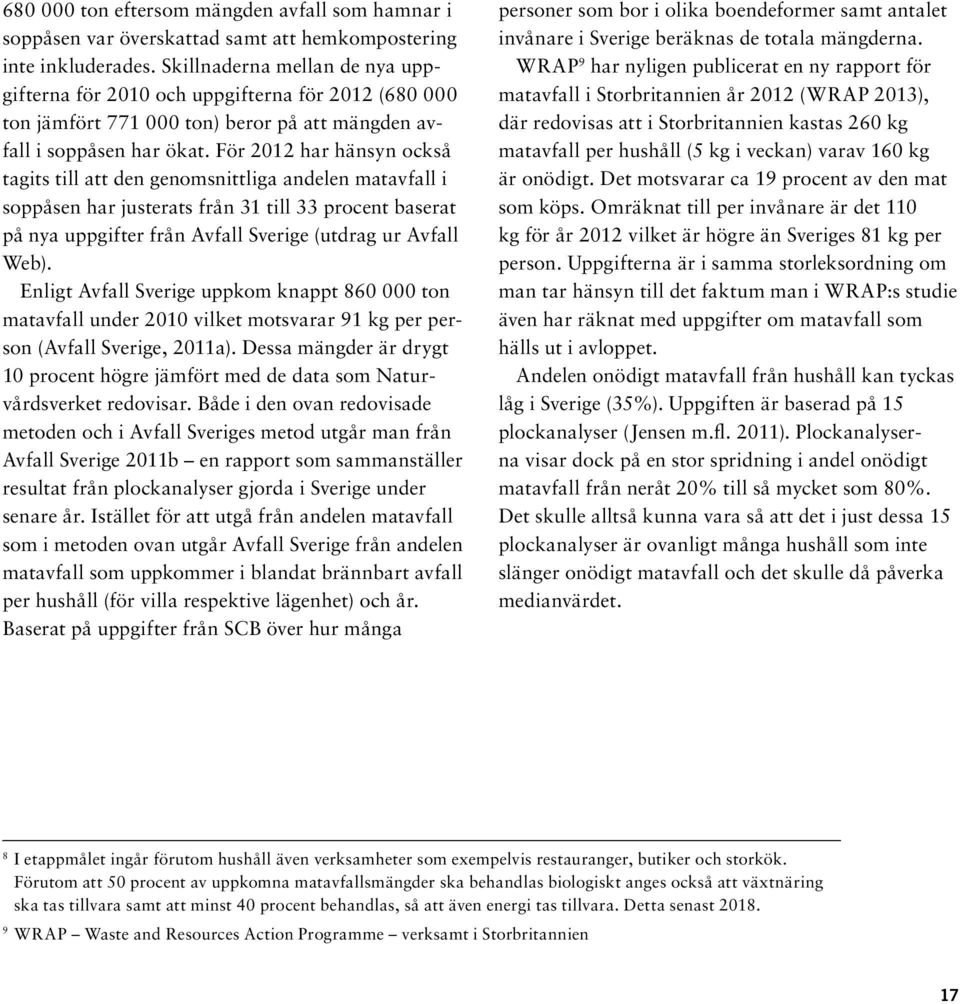 För 2012 har hänsyn också tagits till att den genomsnittliga andelen matavfall i soppåsen har justerats från 31 till 33 procent baserat på nya uppgifter från Avfall Sverige (utdrag ur Avfall Web).