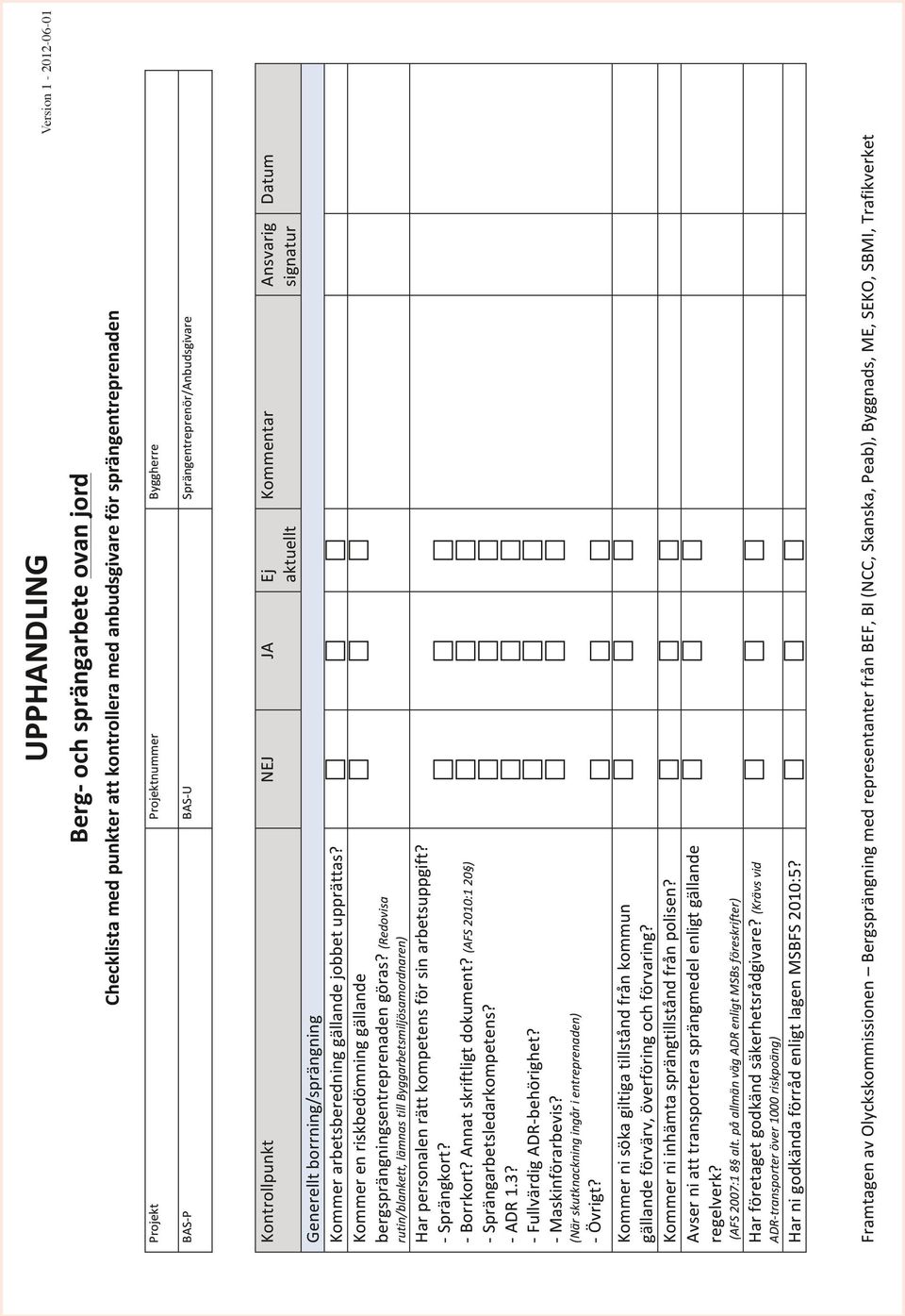 Kommer en riskbedömning gällande bergsprängningsentreprenaden göras? (Redovisa rutin/blankett, lämnas till Byggarbetsmiljösamordnaren) Har personalen rätt kompetens för sin arbetsuppgift?