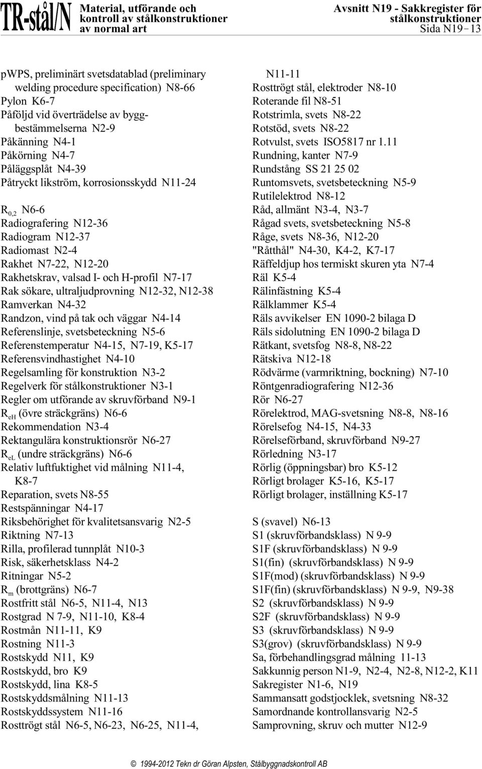 N12-20 Rakhetskrav, valsad I- och H-profil N7-17 Rak sökare, ultraljudprovning N12-32, N12-38 Ramverkan N4-32 Randzon, vind på tak och väggar N4-14 Referenslinje, svetsbeteckning N5-6