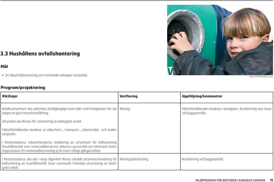 Utrymme ska finnas för utsortering av biologiskt avfall. Hämtförhållanden beaktas ur säkerhets-, transport-, arbetsmiljö- och bullersynpunkt.