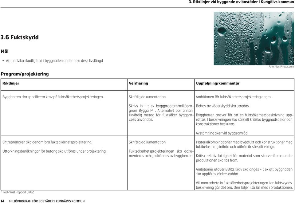 Skriftlig dokumentation Ambitionen för fuktsäkerhetsprojektering anges. Skrivs in i t ex byggprogram/miljöprogram Bygga F 6. Alternativt bör annan likvärdig metod för fuktsäker byggprocess användas.