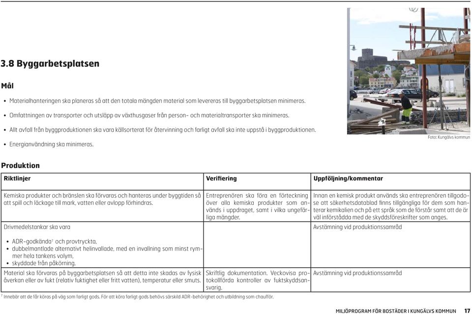 Allt avfall från byggproduktionen ska vara källsorterat för återvinning och farligt avfall ska inte uppstå i byggproduktionen. Energianvändning ska minimeras.