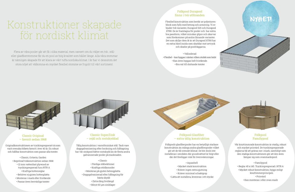 Folkpool Durapool finns i två utföranden Flexibel konstruktion som består av polystyrenblock som fylls med betong och armering. Vi erbjuder två varianter, Durapool S25 och Durapool XT80.