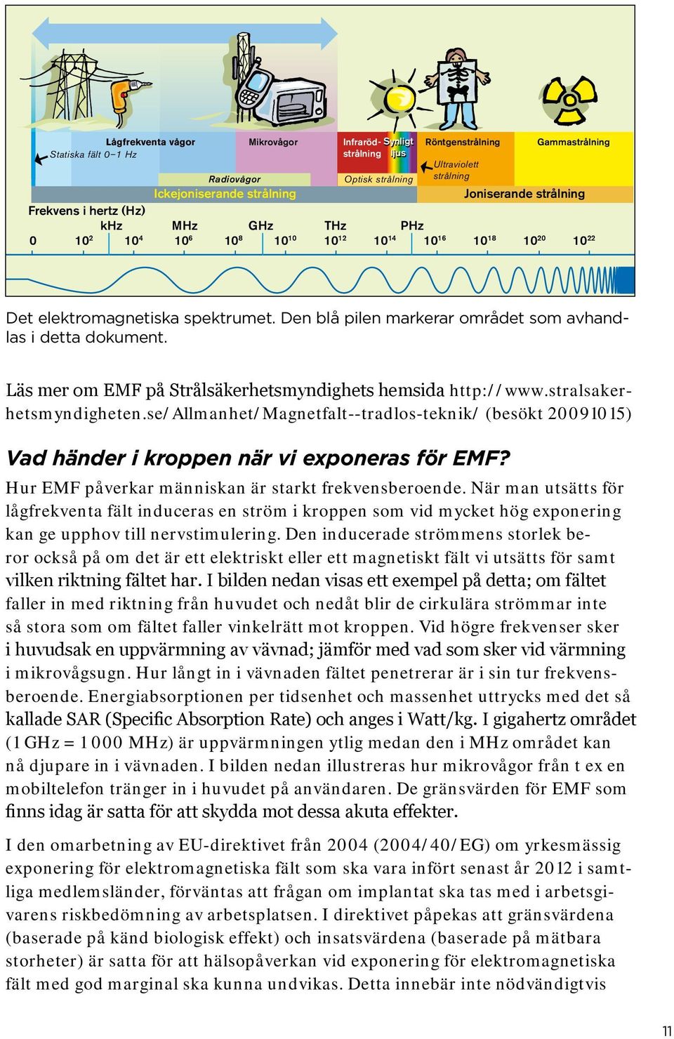 Den blå pilen markerar området som avhandlas i detta dokument. Läs mer om EMF på Strålsäkerhetsmyndighets hemsida http://www.stralsakerhetsmyndigheten.