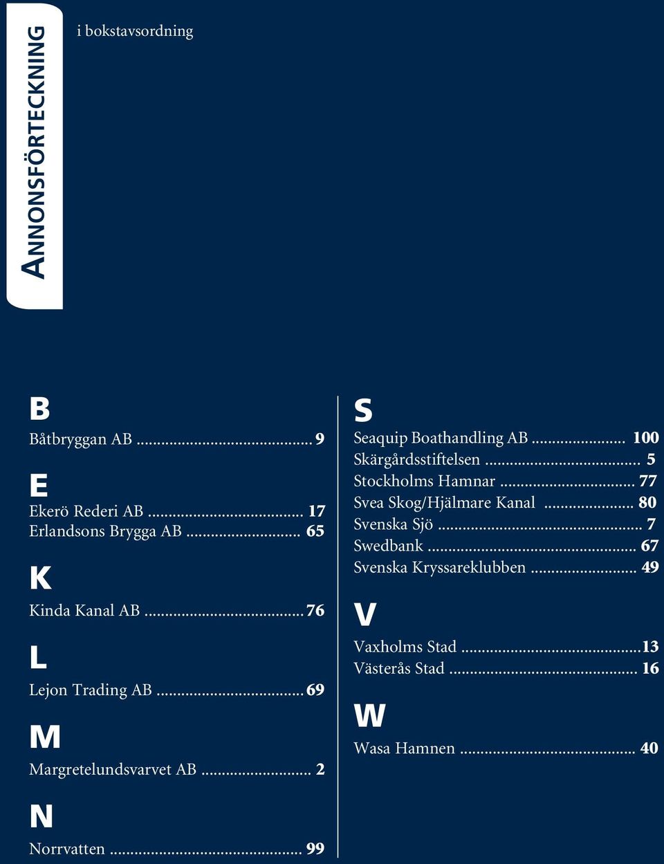 .. 100 Skärgårdsstiftelsen... 5 Stockholms Hamnar... 77 Svea Skog/Hjälmare Kanal... 80 Svenska Sjö... 7 Swedbank.