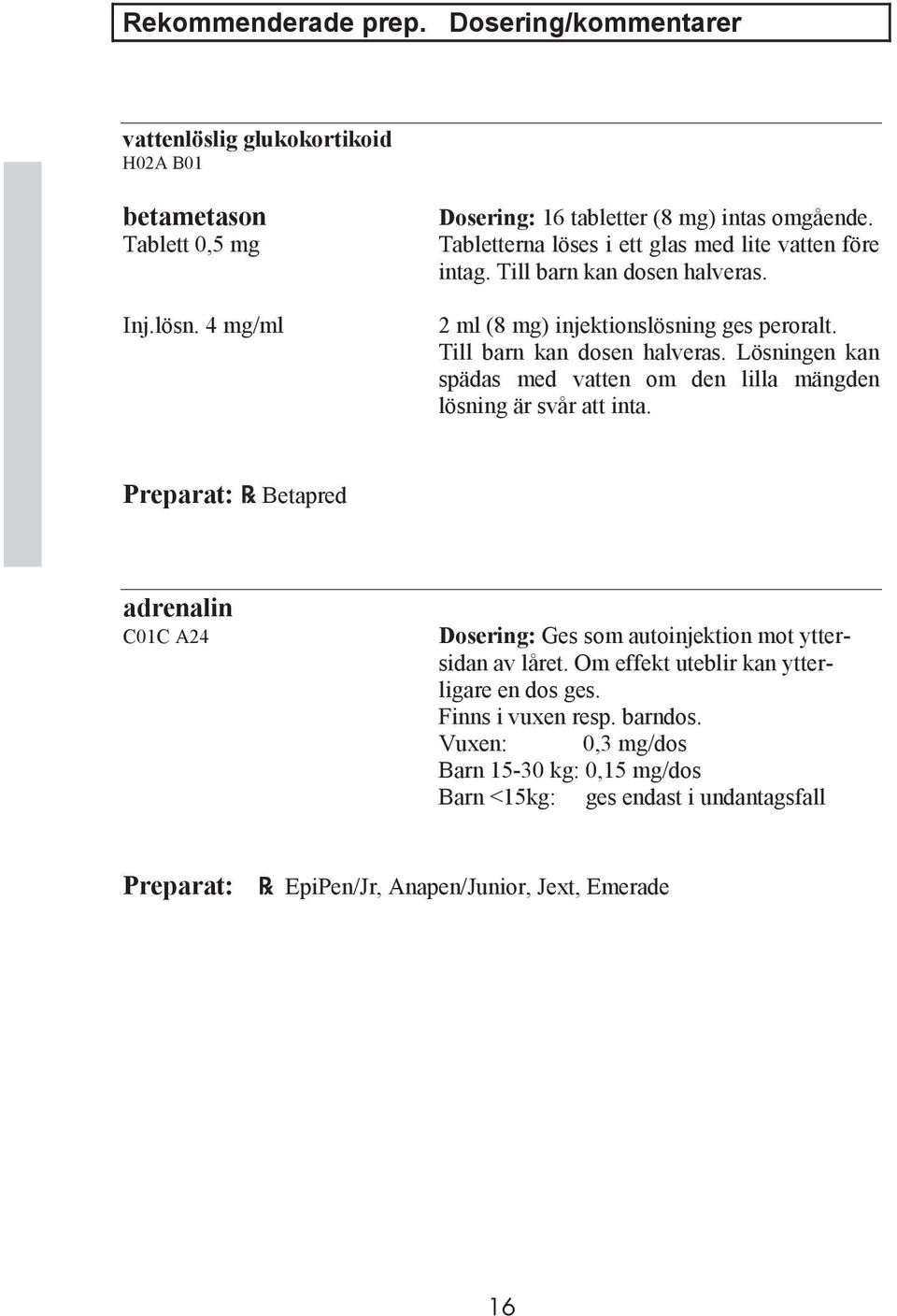 Preparat: Betapred adrenalin C01C A24 Dosering: Ges som autoinjektion mot yttersidan av låret. Om effekt uteblir kan ytterligare en dos ges. Finns i vuxen resp. barndos.