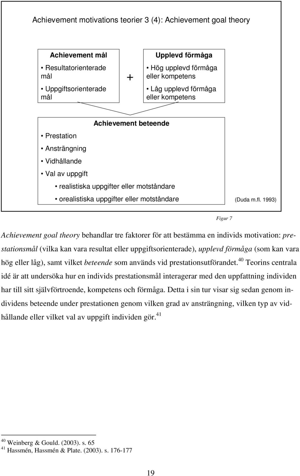 1993) Figur 7 Achievement goal theory behandlar tre faktorer för att bestämma en individs motivation: prestationsmål (vilka kan vara resultat eller uppgiftsorienterade), upplevd förmåga (som kan vara